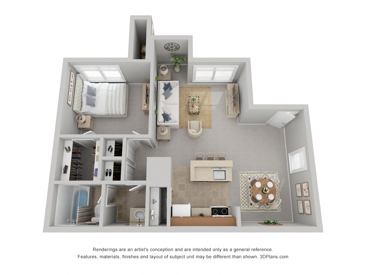 Floor plan for 1 bed, 1 bath, 670 sqft